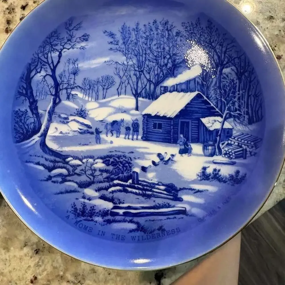 Currier & Ives Japanese Winter Scene Collector Plates Set of 4 Blue and White
